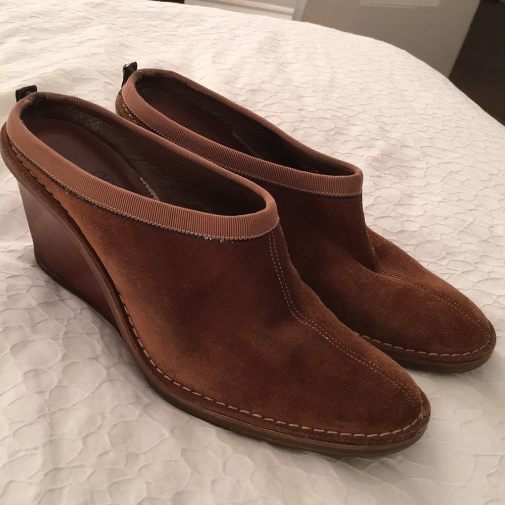 Cole Haan suede/wood slip on wedges